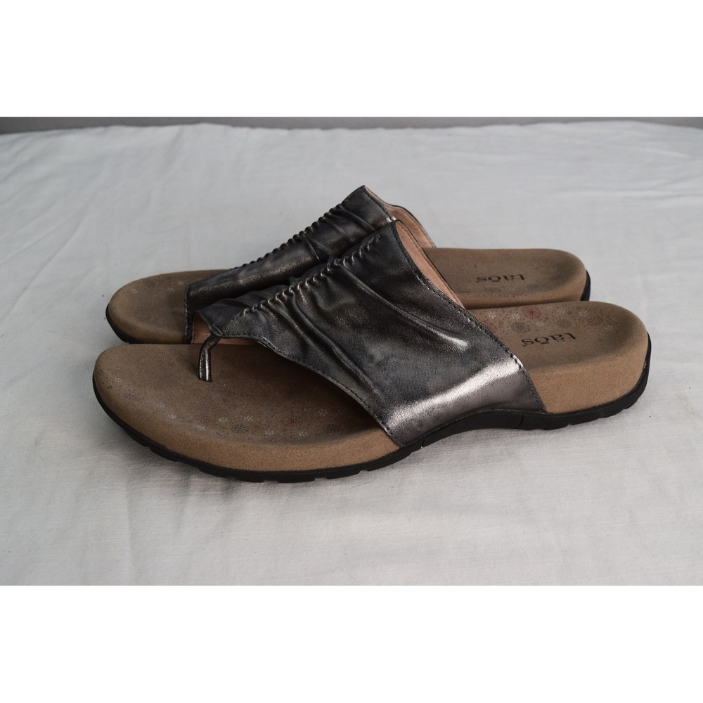 Taos Gift 2 Sandal 12 Pewter Metallic Ruched Leather Thong Slide Womens Comfort